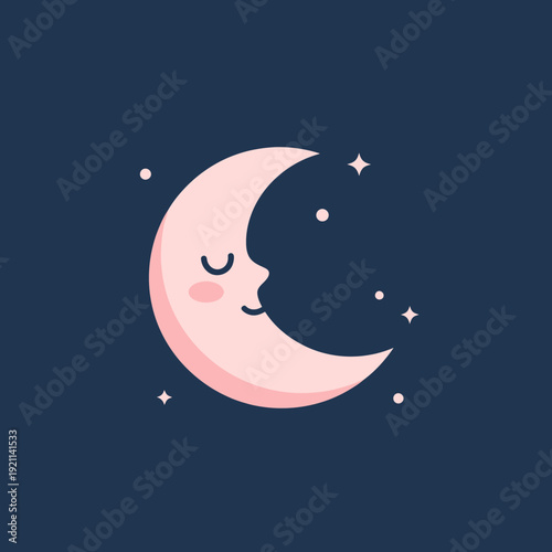 Cute smiling crescent moon character with closed eyes and blushing cheeks on a dark blue night sky with stars