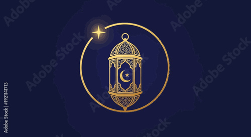 Ornate golden Ramadan lantern with crescent moon and star motif on a deep blue background, encircled by a glowing halo