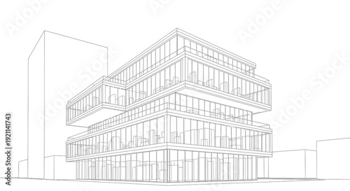 Architectural line drawing of a modern multi-story building with cantilevered glass facades and a minimalist design.