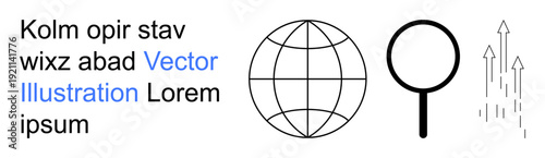 Global business, data analysis, internet connectivity, innovation, growth, digital networking. Globe, magnifying glass and upward arrows. Global business and data analysis