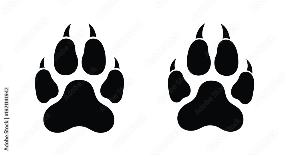 Fototapeta premium Two black paw prints displayed against a white background silhouette
