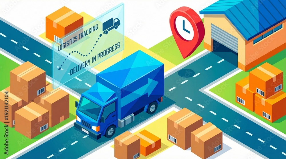 Fototapeta premium Isometric logistics tracking delivery in progress concept with a blue truck on a road network, surrounded by cardboard boxes and a warehouse. A digital interface displays 'LOGISTICS TRACKING'