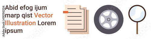 Business analysis, research, mechanics, technology, organization, information processing. Document, wheel magnifying glass. of business analysis and research conceptualized