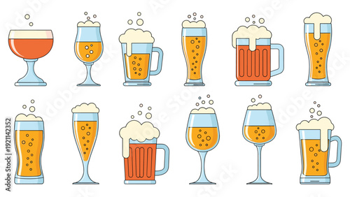 Comprehensive set of various beer glasses and mugs filled with amber lager and topped with thick white foam heads.
