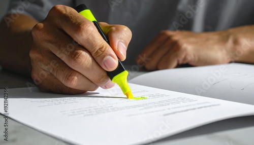 Close up of a person highlighting text in a document with a bright highlighter focus on key details selective emphasis marking important sections.