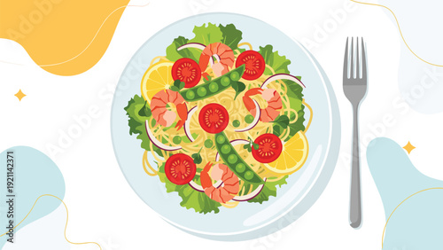 Colorful plate of healthy seafood pasta salad with shrimp tomatoes peas lettuce and lemon slices for a fresh lunch.