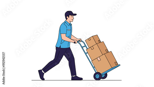 Courier in a blue uniform and cap is moving quickly while pushing a blue hand truck loaded with three cardboard boxes for delivery.