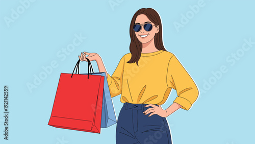 Fashionable young woman wearing sunglasses and a yellow sweater smiles while holding several colorful shopping bags against a blue background.
