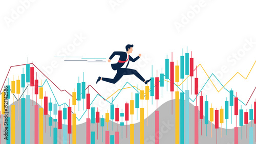 Energetic businessman in a suit jumps high over a colorful candlestick stock market chart representing high financial performance.
