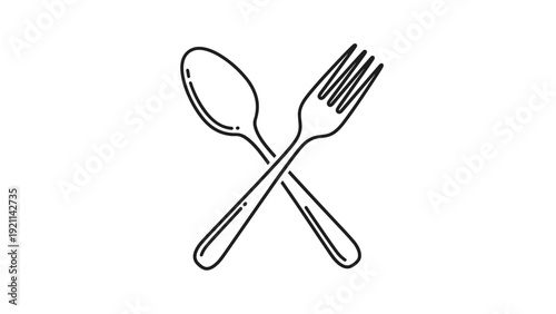 Minimalist black and white line art illustration of a crossed spoon and fork symbol representing dining, food, or a restaurant.