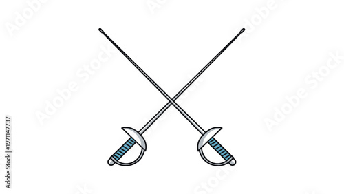 Two fencing foils or swords with blue handles are crossed in a classic dueling position on a clean white background.