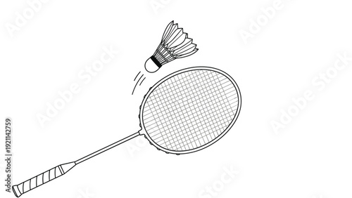 Simple black and white line drawing of a badminton racket hitting a shuttlecock through the air during a game.