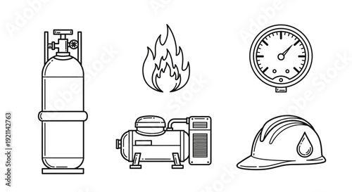 Collection of industrial safety and equipment line icons including gas cylinder, fire, pressure gauge, compressor, and hard hat.