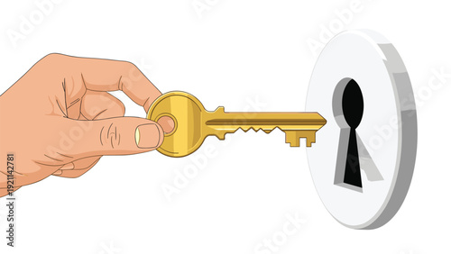 Human hand carefully inserts a shiny gold key into a large white keyhole to unlock a door or discover a secret.