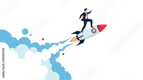 Daring businessman in a suit stands on a moving rocket flying through the clouds to reach new business heights quickly.