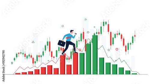 Professional businessman in a suit climbs up a bar chart while looking through a telescope to find future market trends.
