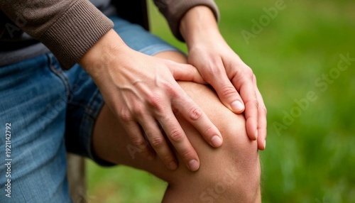 Close-up of supportive hands comforting knee pain outdoors. Ideal for health, wellness, physical therapy, and injury recovery concepts. Natural light, green background, authentic human connection.