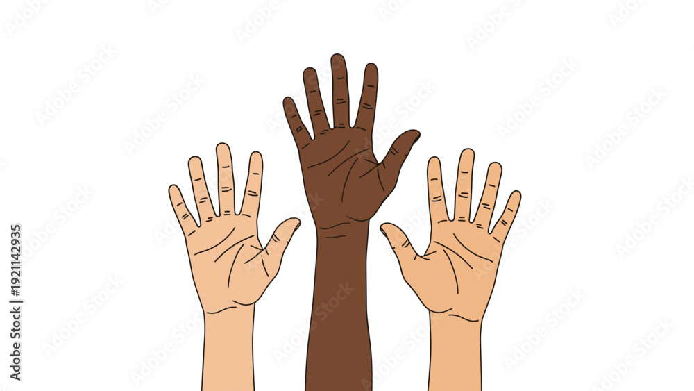 Obraz premium Three human hands with different skin tones are raised upwards to represent diversity, inclusion, and community unity.