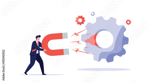 Strategic businessman in a suit uses a large red horseshoe magnet to attract and pull a massive blue cog gear.