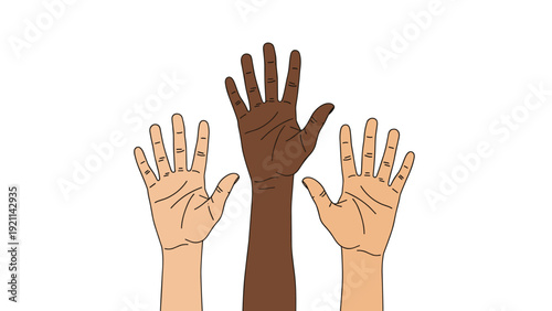 Three human hands with different skin tones are raised upwards to represent diversity, inclusion, and community unity.