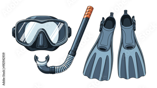Complete set of blue scuba diving equipment including a mask, snorkel, and a pair of flippers on a white background.