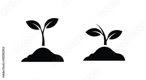 Two young plant sprouts emerging from soil simple silhouette
