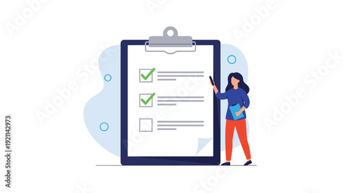 Professional woman stands next to a giant clipboard with a checklist of tasks and two green check marks for completion.