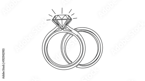 Beautiful black and white line art illustration of two interlocking engagement rings with a large sparkling diamond.