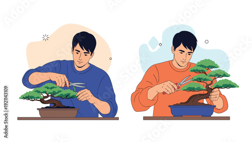Two versions of a male gardener carefully pruning and shaping miniature bonsai trees in pots using sharp scissors for hobbyist concepts.