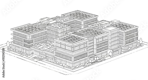 Isometric line drawing of a modern urban building complex with green roofs and landscaping, depicting a sustainable architectural development.