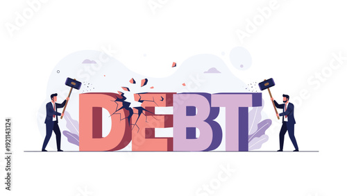 Motivated businessmen using large heavy sledgehammers to destroy a giant pink and purple debt sign representing financial freedom and relief.