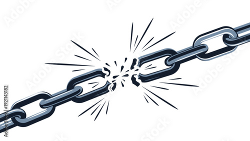 Strong iron chain links snapping and breaking apart under immense tension and pressure on white background representing freedom or failure.