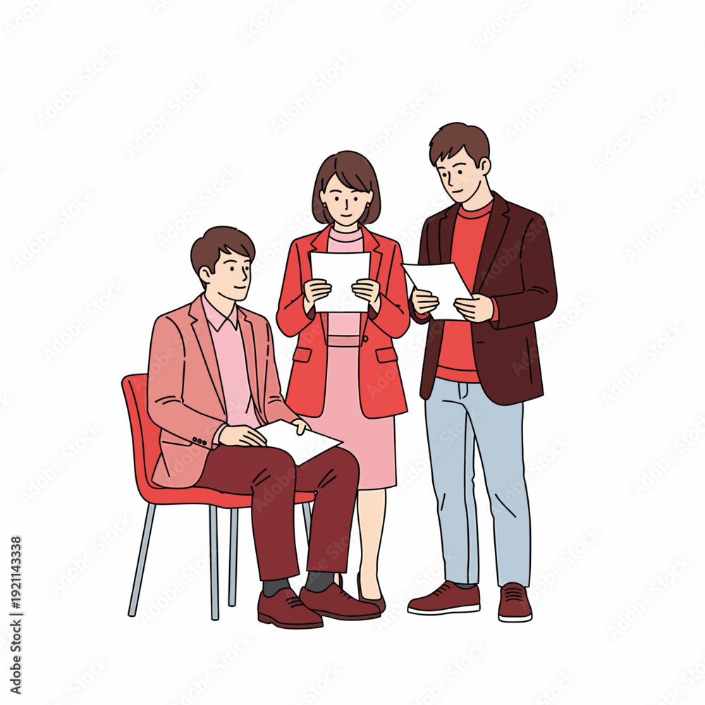 Obraz premium Three colleagues in business casual attire discussing documents and collaborating in a meeting.