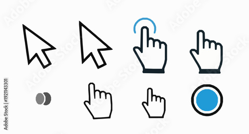 Modern flat pointer cursor and hand click icons set isolated on white background