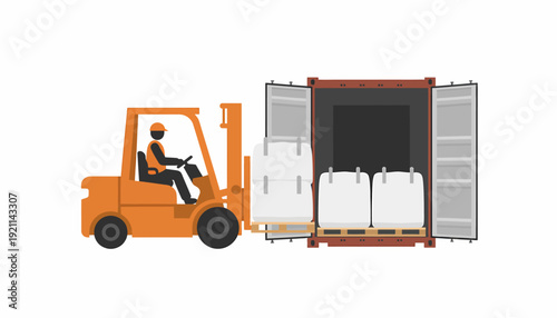 A forklift operator loading large white bags onto a pallet inside an open shipping container.