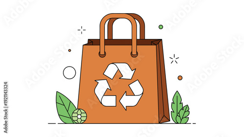 Brown paper shopping bag with a white recycling symbol surrounded by green leaves on a white background promoting sustainable eco friendly habits.