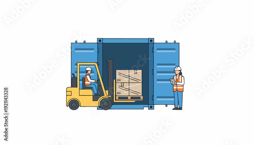 Workers loading cargo with a forklift into a shipping container, illustrating logistics and freight operations.