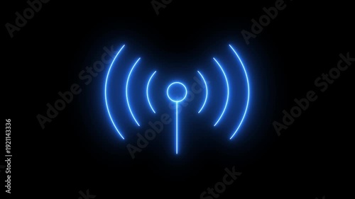 glowing neon antenna signal icon isolated on black background. antenna with radio waves. wireless signal and network, Wifi internet, broadcast signal and telecom tower, cellular communication.