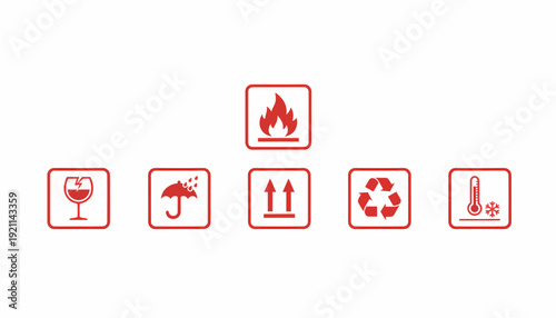 Collection of red packaging handling and warning symbols including fragile, keep dry, this side up, flammable, recycle, and temperature sensitive icons on a white background.