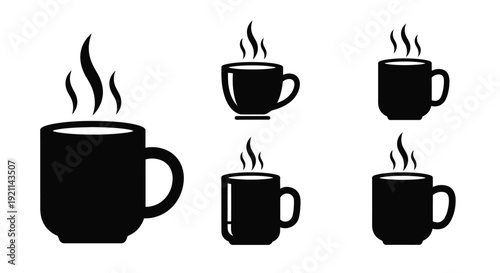 Black coffee cups with steam rising a minimalist silhouette