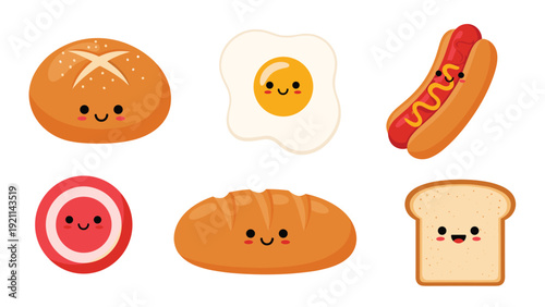 Collection of cute breakfast food characters with happy faces including a bread roll fried egg hot dog ham slice loaf and white toast.