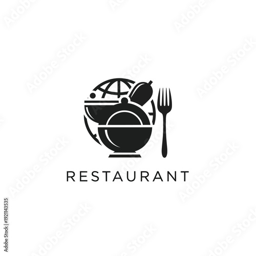 Restaurant logo icon featuring global cuisine elements, bowl, fork, and plate