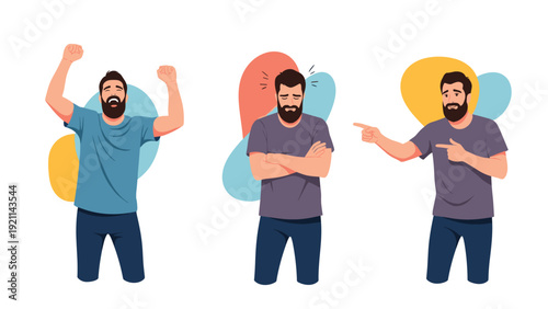 Three illustrations of the same bearded man displaying different emotional states including happiness sadness and pointing in frustration.