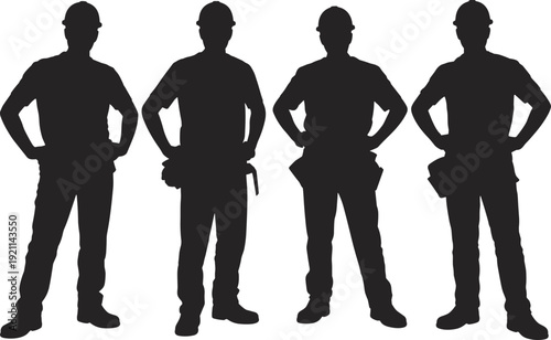 Construction worker silhouettes, hard hats, tool belts, standing posture, teamwork concept, labor force, occupational safety, industrial vector, professional illustration