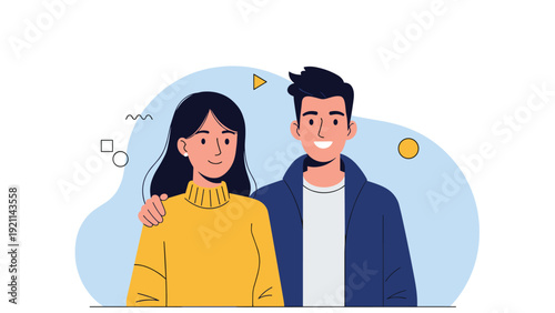 Portrait of a happy young man and woman couple smiling together against an abstract blue background with simple geometric shapes and lines.