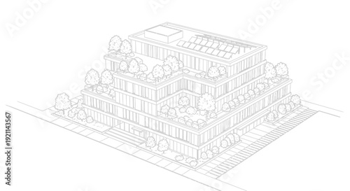 Architectural line drawing of a modern terraced building with rooftop gardens and trees.