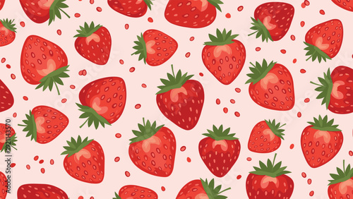 Vibrant seamless pattern of ripe red strawberries and small seeds scattered over a soft pink background for sweet food and summer designs.