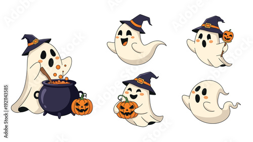 Collection of cute ghost characters celebrating Halloween with witch hats pumpkins a bubbling cauldron and a spooky jack o lantern wand.