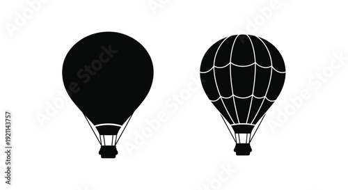 Two hot air balloons depicted in a minimalist black silhouette