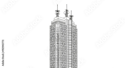 Detailed line art drawing of the upper section of a modern skyscraper with multiple antennas.